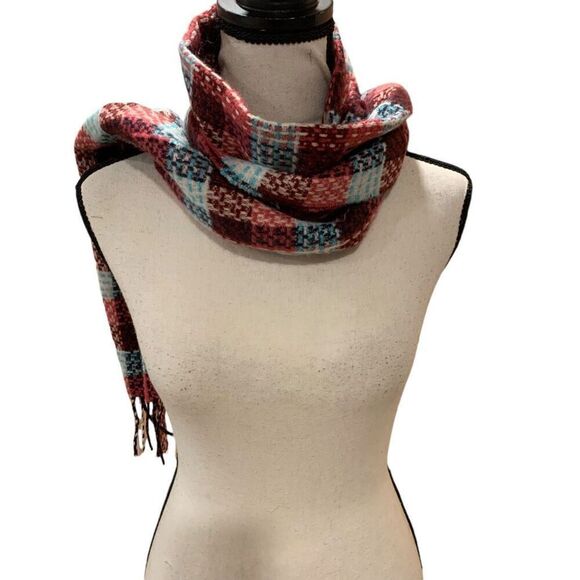 Italy Design Cashmere Scarf Red Pink Pastel Blue Checks  w/ Fringe 74”x 8” Women - Picture 3 of 4